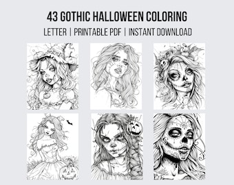 Puede incluir: Un conjunto de seis páginas para colorear imprimibles en blanco y negro con ilustraciones góticas de Halloween de mujeres con maquillaje y disfraces espeluznantes. Las ilustraciones incluyen una bruja, una mujer con cara de calavera y una mujer con una calabaza.