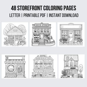 48 Pagine da colorare per vetrine di negozi per bambini e adulti Arteterapia rilassante Download immediato Libro da colorare per vetrine accoglienti Colorazione in scala di grigi
