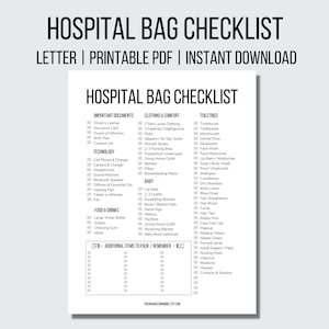 Hospital Bag Checklist Printable Hospital Bag List Instant Download New Baby Hospital Bag For Mom Baby Shower Gift Labor And Delivery List image 1