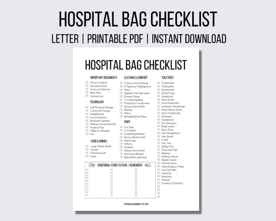 Hospital Bag Checklist Printable Hospital Bag List Instant Download New Baby  Hospital Bag for Mom Baby Shower Gift Labor and Delivery List 