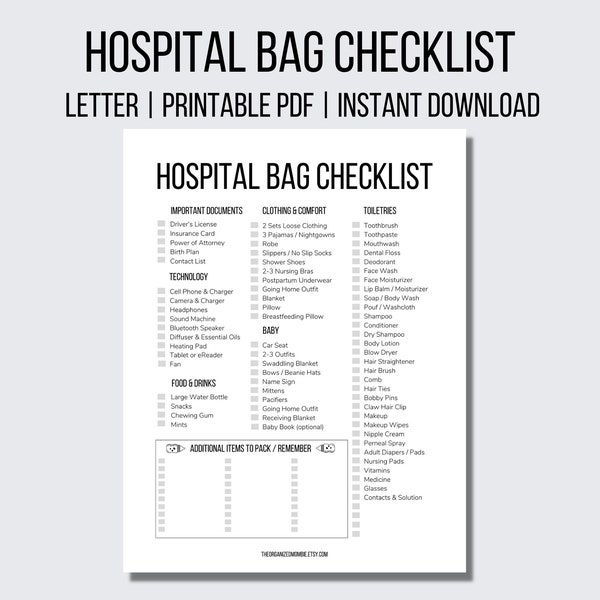 Hospital Bag Checklist Printable Hospital Bag List Instant Download New Baby Hospital Bag For Mom Baby Shower Gift Labor And Delivery List