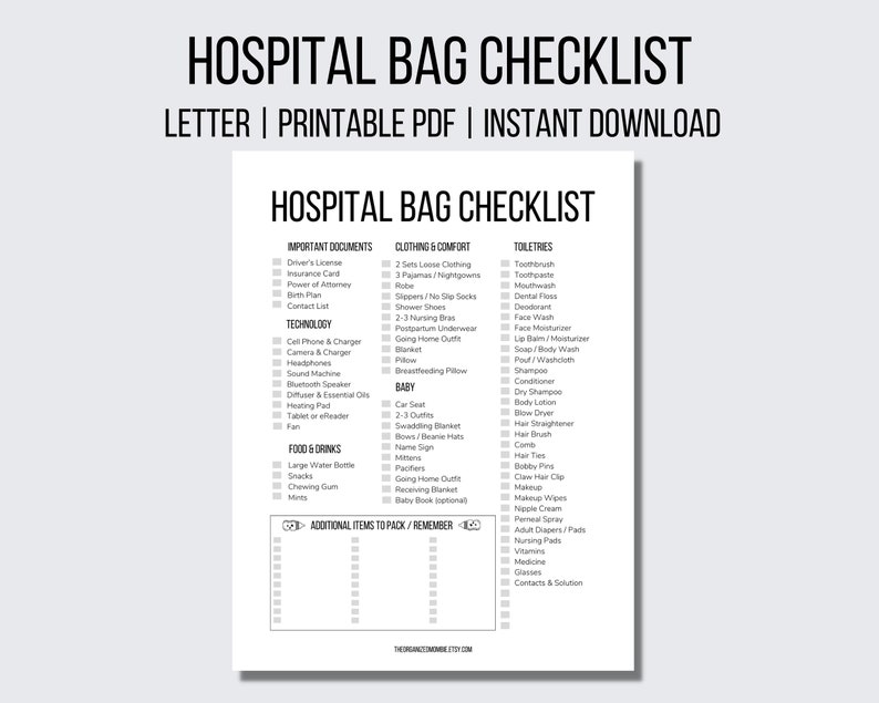 May include: A printable hospital bag checklist with categories for important documents, technology, food and drinks, clothing and comfort, baby, and toiletries. The checklist is formatted with checkboxes for each item.