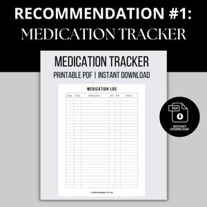 Printable medication tracker available for instant download. This convenient log tracks when and what time you take medication. Perfect for surgery recovery, nurses, caregivers, and for daily use at home. Never forget or wonder again!