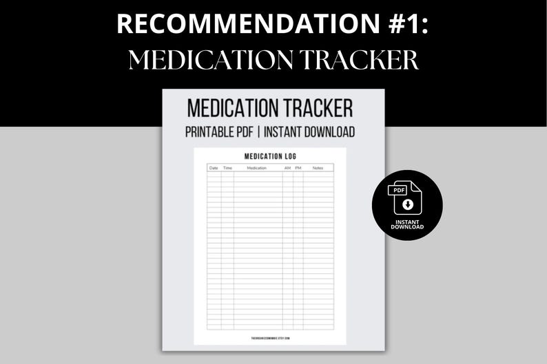 Printable medication tracker available for instant download. This convenient log tracks when and what time you take medication. Perfect for surgery recovery, nurses, caregivers, and for daily use at home. Never forget or wonder again!