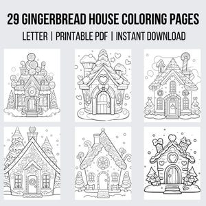 May include: A set of six black and white gingerbread house coloring pages. Each page features a different gingerbread house design with intricate details. The pages are perfect for kids of all ages to color and enjoy.