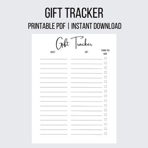 May include: A printable gift tracker checklist with columns for guest, gift, and thank you sent. The checklist has checkboxes for each guest to mark when a thank you note has been sent.