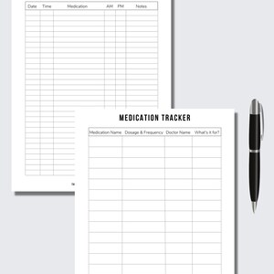 May include: Printable medication log and tracker. The log has columns for date, time, medication, AM, PM, and notes. The tracker has columns for medication name, dosage and frequency, doctor name, and what it's for.