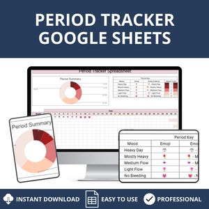 May include: A Google Sheets spreadsheet template for tracking your period. The spreadsheet includes a calendar view, a period summary chart, and a key for different flow levels and moods. The template is designed to be easy to use and professional.