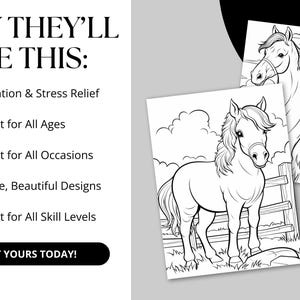 A digital product display featuring 42 printable horse coloring pages. The preview showcases detailed black-and-white illustrations of majestic horses, playful ponies, and cowgirls in various scenic settings. The design highlights the product’s instant download, easy printing, and high-quality line art for all ages. Perfect for horse lovers, kids, and adults seeking a fun and relaxing coloring activity.