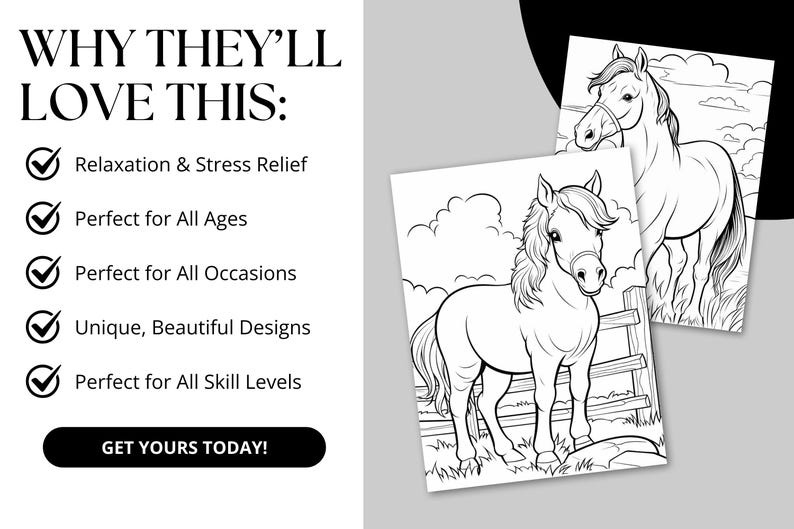 A digital product display featuring 42 printable horse coloring pages. The preview showcases detailed black-and-white illustrations of majestic horses, playful ponies, and cowgirls in various scenic settings. The design highlights the product’s instant download, easy printing, and high-quality line art for all ages. Perfect for horse lovers, kids, and adults seeking a fun and relaxing coloring activity.