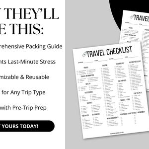 A printable travel checklist designed to keep your packing organized for vacations, business trips, road trips, and family travel. Includes sections for clothing, toiletries, travel documents, and pre-trip tasks. A must-have for travelers.