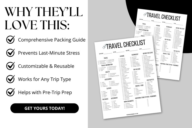 A printable travel checklist designed to keep your packing organized for vacations, business trips, road trips, and family travel. Includes sections for clothing, toiletries, travel documents, and pre-trip tasks. A must-have for travelers.