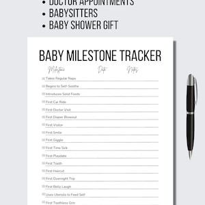 Op de afbeelding: Een afdrukbare baby-mijlpaaltracker met een checklist van mijlpalen, waaronder regelmatig dutjes doen, zelf troosten, vaste voeding introduceren, eerste autorit, eerste doktersbezoek, eerste luier-explosie, eerste bezoeker, eerste glimlach, eerste giechel, eerste keer ziek, eerste speelafspraak, eerste tand, eerste knipbeurt, eerste overnachting, eerste buiklach, gebruik van bestek om zichzelf te voeden, eerste tandloze grijns en het openen van kasten. De tracker heeft kolommen voor datum en notities.