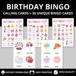 35 Birthday Bingo Cards Instant Download Kids Birthday Bingo Game Birthday Activity Bingo Party Games for Kids Girls Birthday Party Bingo