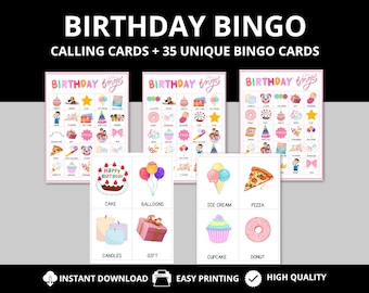 35 Birthday Bingo Cards Instant Download Kids Birthday Bingo Game Birthday Activity Bingo Party Games for Kids Girls Birthday Party Bingo