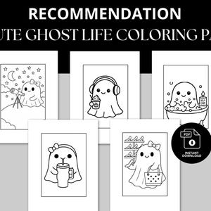 Set of 26 printable cute ghost coloring pages featuring adorable ghosts in everyday life scenes—shopping for shoes, stargazing, drinking coffee, taking a bubble bath, and more. Bold black outlines make it easy to color for kids and adults. A fun and spooky-sweet digital download perfect for Halloween, fall crafts, screen-free fun, and relaxing creative time at home, school, or parties.
