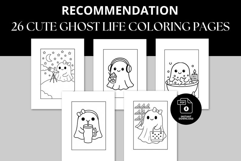 Set of 26 printable cute ghost coloring pages featuring adorable ghosts in everyday life scenes—shopping for shoes, stargazing, drinking coffee, taking a bubble bath, and more. Bold black outlines make it easy to color for kids and adults. A fun and spooky-sweet digital download perfect for Halloween, fall crafts, screen-free fun, and relaxing creative time at home, school, or parties.