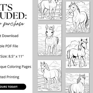 A digital product display featuring 42 printable horse coloring pages. The preview showcases detailed black-and-white illustrations of majestic horses, playful ponies, and cowgirls in various scenic settings. The design highlights the product’s instant download, easy printing, and high-quality line art for all ages. Perfect for horse lovers, kids, and adults seeking a fun and relaxing coloring activity.