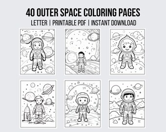 May include: A set of 40 black and white printable coloring pages featuring astronauts in space. The pages are designed for letter-sized paper and are available for instant download.