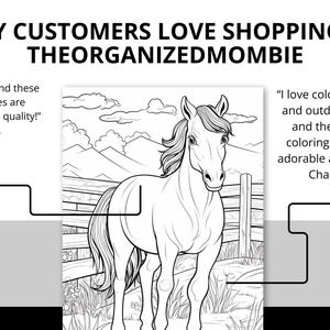 A digital product display featuring 42 printable horse coloring pages. The preview showcases detailed black-and-white illustrations of majestic horses, playful ponies, and cowgirls in various scenic settings. The design highlights the product’s instant download, easy printing, and high-quality line art for all ages. Perfect for horse lovers, kids, and adults seeking a fun and relaxing coloring activity.
