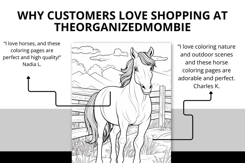 A digital product display featuring 42 printable horse coloring pages. The preview showcases detailed black-and-white illustrations of majestic horses, playful ponies, and cowgirls in various scenic settings. The design highlights the product’s instant download, easy printing, and high-quality line art for all ages. Perfect for horse lovers, kids, and adults seeking a fun and relaxing coloring activity.