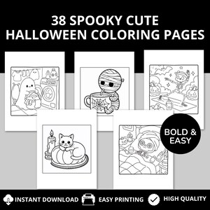 This set of 38 Spooky Cute Halloween Coloring Pages is a printable collection designed for kids and adults who love festive seasonal fun. The coloring pages feature charming Halloween illustrations, including smiling ghosts, playful skeletons, cute black cats, cozy pumpkins, and other spooky-yet-cute designs. Each page is created with bold, easy-to-color outlines, making it perfect for younger children as well as adults who enjoy relaxing, stress-free coloring activities.