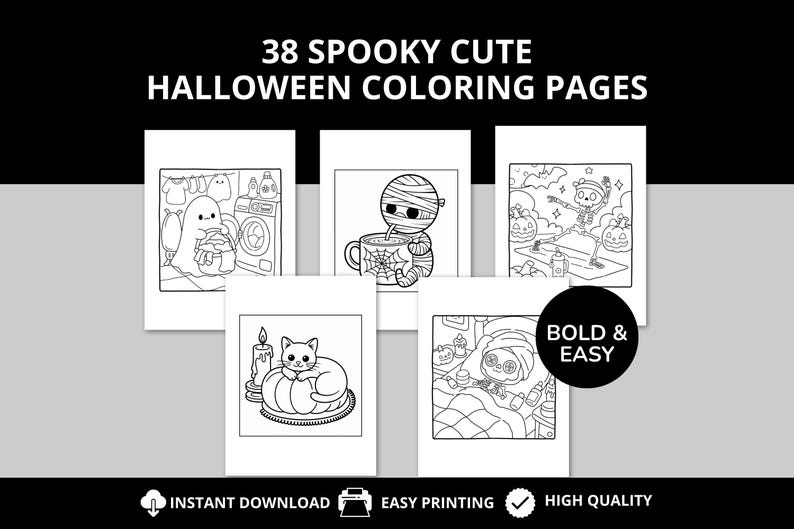 This set of 38 Spooky Cute Halloween Coloring Pages is a printable collection designed for kids and adults who love festive seasonal fun. The coloring pages feature charming Halloween illustrations, including smiling ghosts, playful skeletons, cute black cats, cozy pumpkins, and other spooky-yet-cute designs. Each page is created with bold, easy-to-color outlines, making it perfect for younger children as well as adults who enjoy relaxing, stress-free coloring activities.