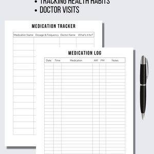 May include: Printable medication tracker and log sheets. The tracker has columns for medication name, dosage and frequency, doctor name, and what it's for. The log has columns for date, time, medication, AM, PM, and notes.