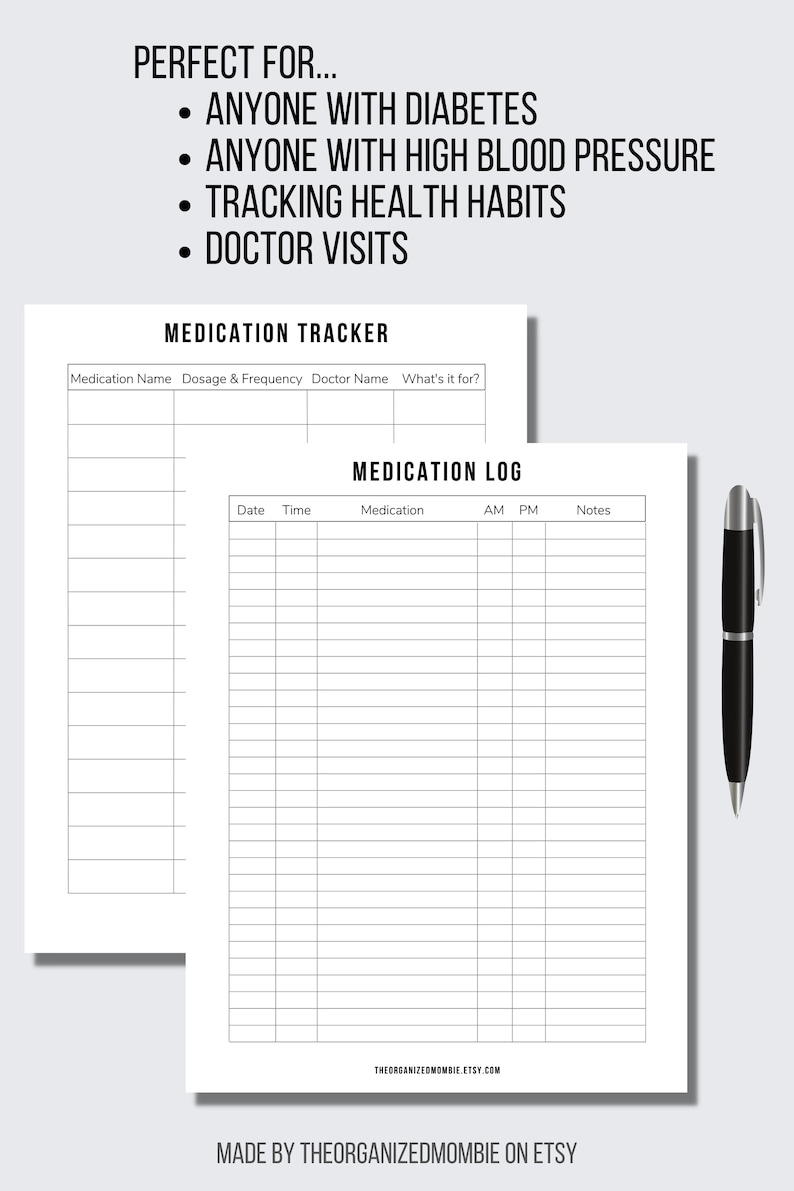 May include: Printable medication tracker and log sheets. The tracker has columns for medication name, dosage and frequency, doctor name, and what it's for. The log has columns for date, time, medication, AM, PM, and notes.