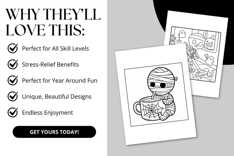 This set of 38 Spooky Cute Halloween Coloring Pages is a printable collection designed for kids and adults who love festive seasonal fun. The coloring pages feature charming Halloween illustrations, including smiling ghosts, playful skeletons, cute black cats, cozy pumpkins, and other spooky-yet-cute designs. Each page is created with bold, easy-to-color outlines, making it perfect for younger children as well as adults who enjoy relaxing, stress-free coloring activities.