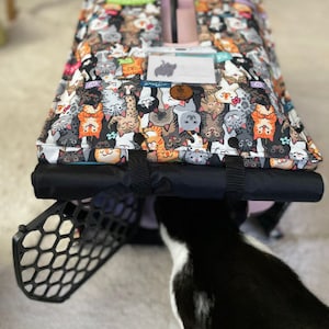 Puede incluir: Un transportín para gatos con un colorido estampado de gatos. El transportín tiene un asa negra y una puerta delantera negra. Un gato blanco y negro está delante del transportín.