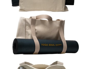 Yoga Soul Cake Borsa per tappetino da yoga fatta a mano Beige Tote - 3 scomparti principali - Cinghia per tappetino da yoga -Perfetta per palestra, lavoro e oltre! - -77x14x7 pollici