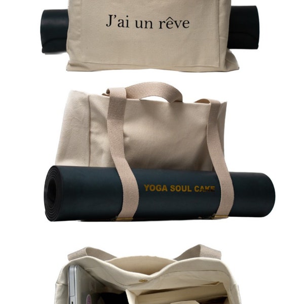 Yoga Soul Cake Handgefertigte Yogamatten-Tasche, beige Tragetasche, 3 Hauptfächer, Yogamatten-Gurt, perfekt für Fitnessstudio, Arbeit und darüber hinaus. – 194,9 x 35,6 x 17,8 cm