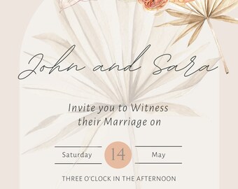 Könnte beinhalten: Eine Hochzeitseinladung mit tropischem Thema. Die Einladung zeigt eine Aquarell-Illustration von Palmblättern, Orchideen und Rosen in Grün-, Weiß- und Pfirsichtönen. Der Text lautet "John und Sara laden Sie ein, Zeuge ihrer Hochzeit am Samstag, den 14. Mai, um DREI UHR NACHMITTAGS zu sein. 123 anywhere st., any city, st 12345 Wir hoffen, dass Sie unsere Liebe feiern können!"