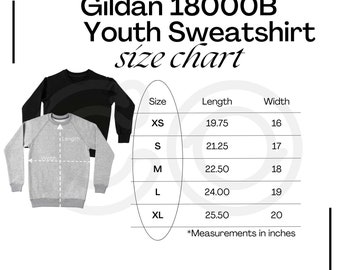 Gildan 18000B Size Chart | Gildan Youth Sweatshirt Size Chart | 18000B Size Chart | Gildan Kids Size Chart | Gildan 18000B Mockup