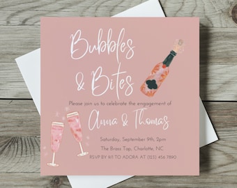 Invitación digital Bubbles & Bites, invitación digital editable, invitación a fiesta de compromiso, invitación a champán