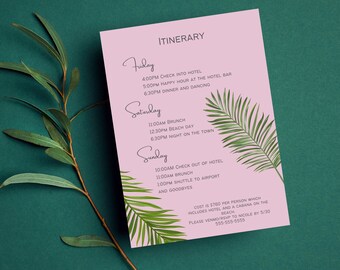 Palm Leaves Bachelorette Invitation Template, Bachelorette Party Itinerary, Miami Printable, Palm Tree Bachelorette Evite