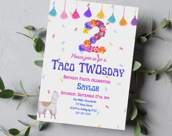Taco Twosday Invitation, Instant Download, Editable PDF. 2nd Birthday, Second Fiesta Birthday Invite w/ Llama