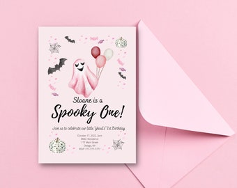 Spooky One Ghost Birthday Invitation, Halloween Ghost First Birthday Invite, Editable Pink Ghost, Halloween Party Digital Download
