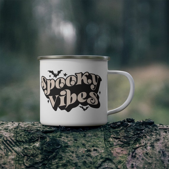 Vintage Spooky Vibes Enamel Camping Mug, Spooky Vibes, Halloween Mug, Halloween Gift, Retro Halloween Mug Gift, Halloween Mug Gift, Vintage