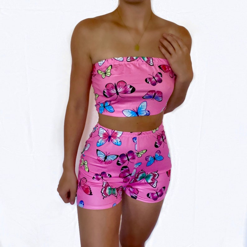 Butterfly Print Bandeau High Waisted Rave/Festival Two Piece Set 