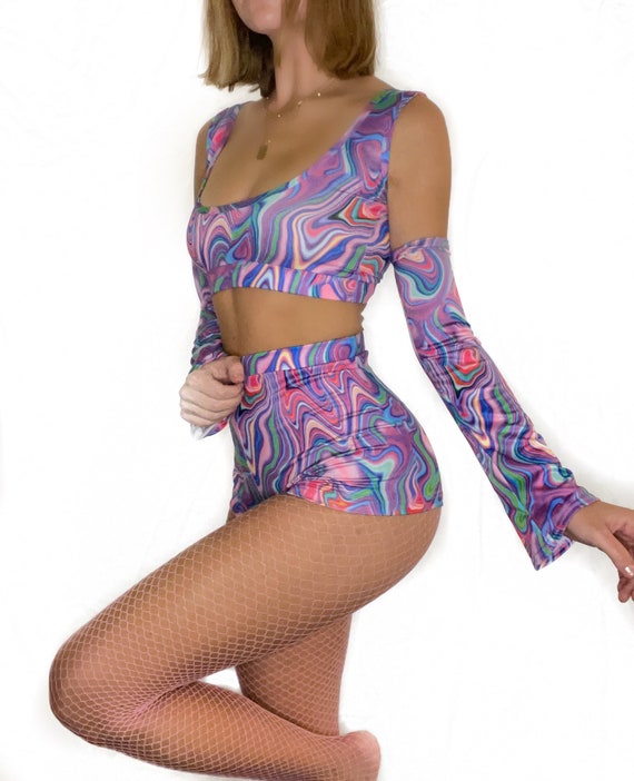 Y2K 2-piece Rave Set Rave Outfit Women Rave Outfit Festival Two Piece Set  Optional Sleeves 