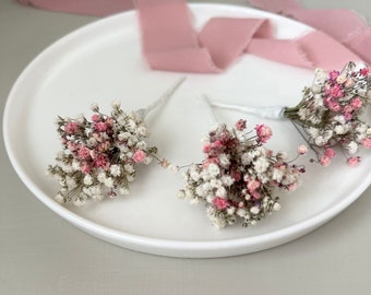 Gypsophila Hair Pins Set of 3 White and Pink Baby’s Breath Bridal Wedding Hair Accessories for Bride Bridesmaids Flower Girl