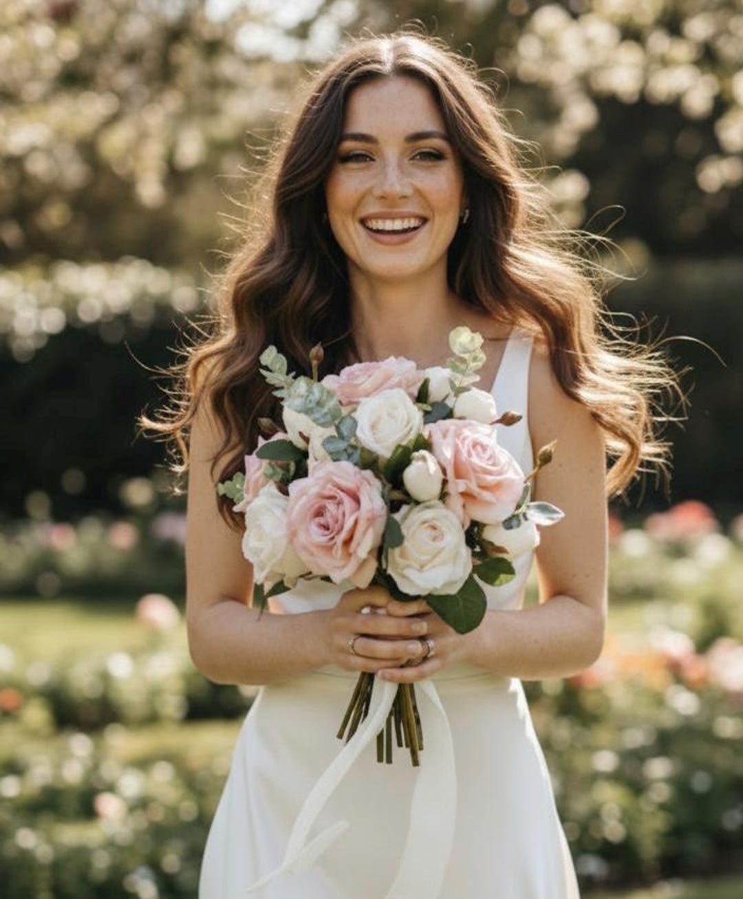 white dress with pink roses A bride in a white gown holds a bouquet of pink roses, standing with the groom