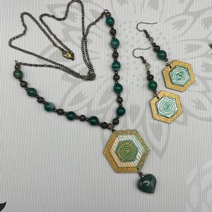 Hand-painted Wooden Pendant Necklace with semi precious stone beads, Jade Heart, brass beads & chain, Personalize it for HER!  Free Earrings