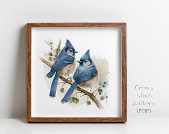 Blue Jays Cross Stitch patroon, moderne aquarel, vogels, Instant PDF downloaden, Cross Stitch Chart