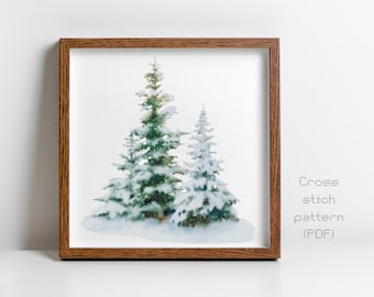 Pine Trees Cross Stitch Pattern, Modern Watercolor Painting, Winter Season, Instant PDF Download, Cross Stitch Chart