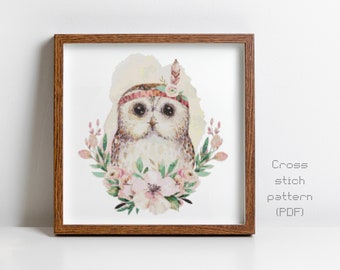 Floral Owl Cross Stitch Pattern, Nursery, Baby Shower Gift, Modern Watercolor Painting, Instant PDF Download, Cross Stitch Chart