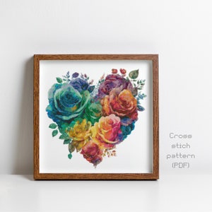 Pride Heart Cross Stitch Pattern, Modern Watercolor Painting, Floral Deco, LGBTQ, Equality, Instant PDF Download, Cross Stitch Chart