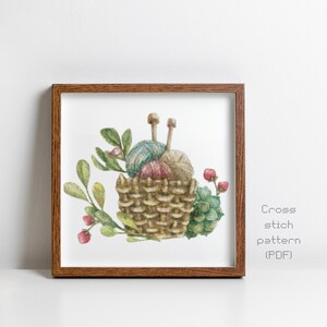 Knitting Basket Cross Stitch Pattern, Modern Watercolor Painting, Needlepoint, Yarn Art, Instant PDF Download, Cross Stitch Chart